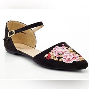 Unique Vintage Black D'Orsay Flat with Pink Floral Embroidery